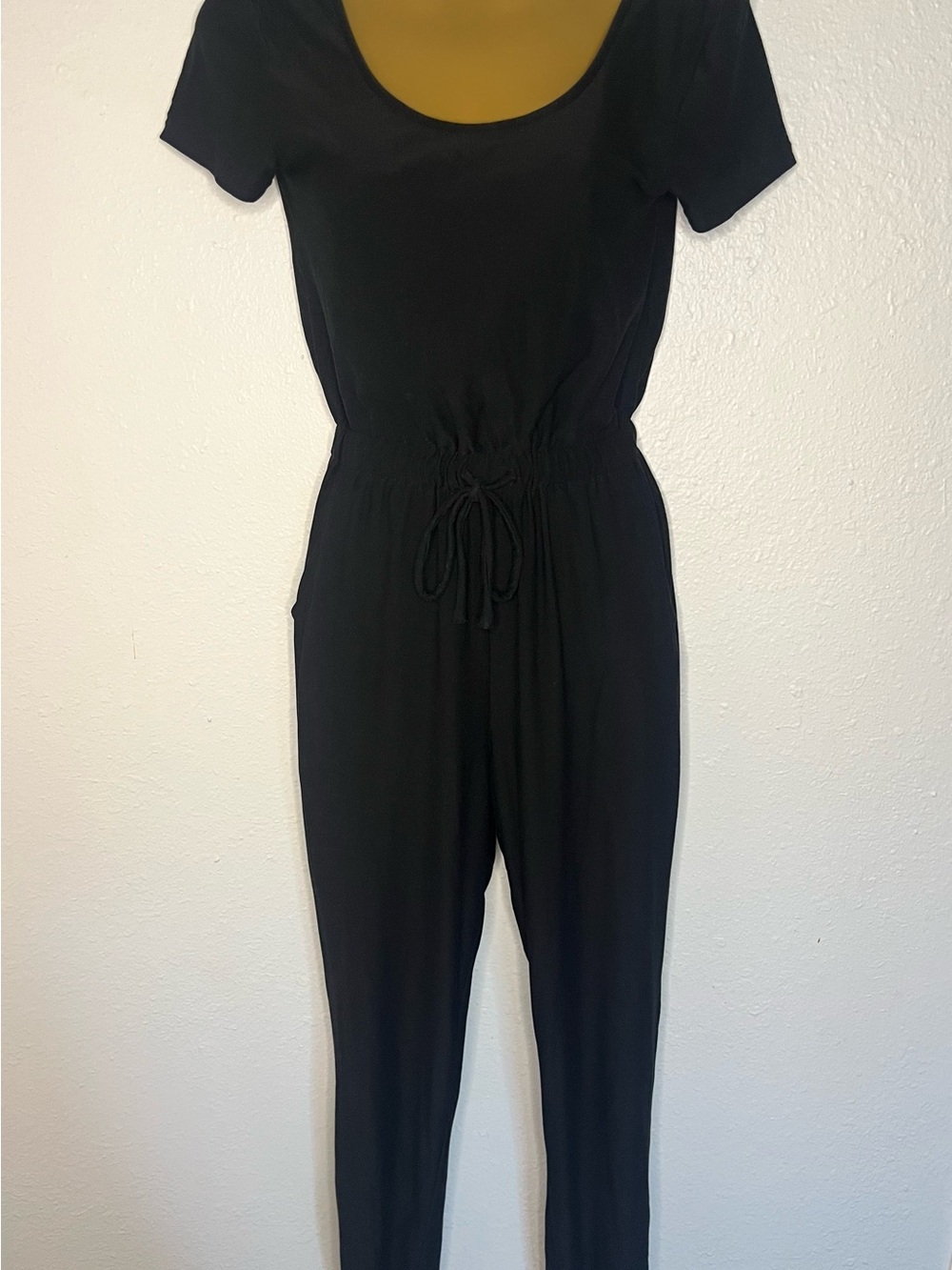Women’s Black Short-Sleeve Drawstring Jumpsuit